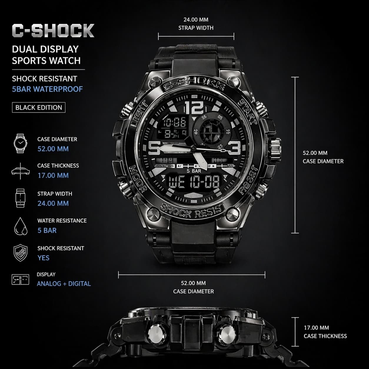 C-SHOCK Dual Display Sports Watch I Shock Resistant 5BAR Waterproof (Black Edition) view 4