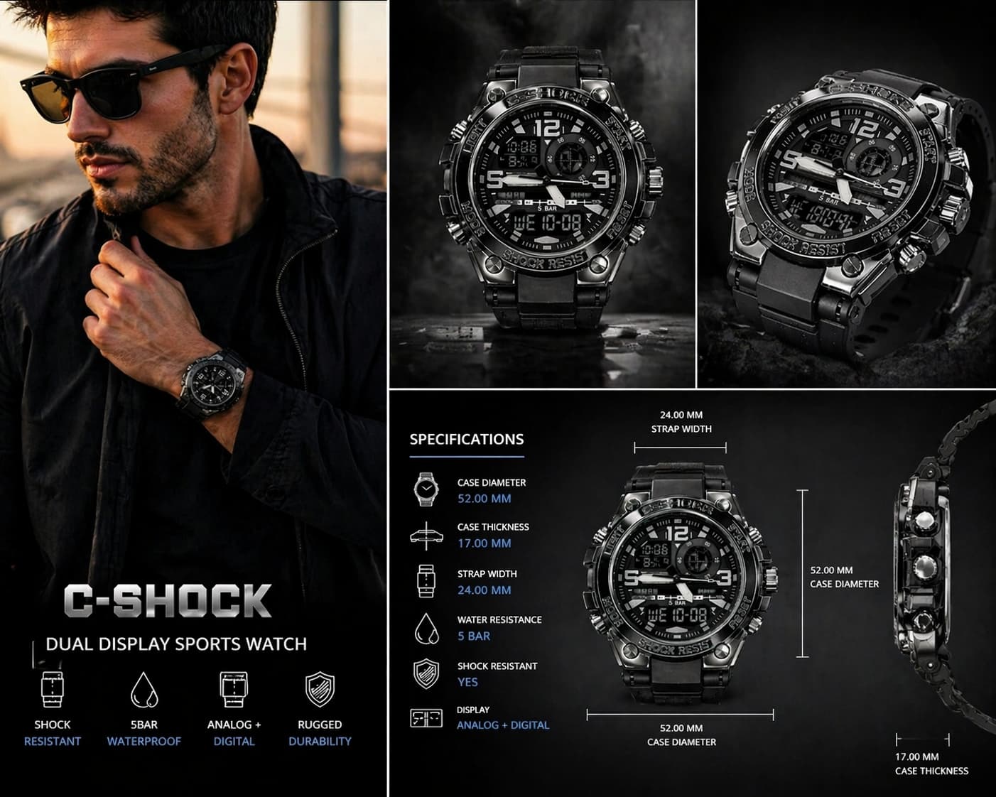 C-SHOCK Dual Display Sports Watch I Shock Resistant 5BAR Waterproof (Black Edition) view 6