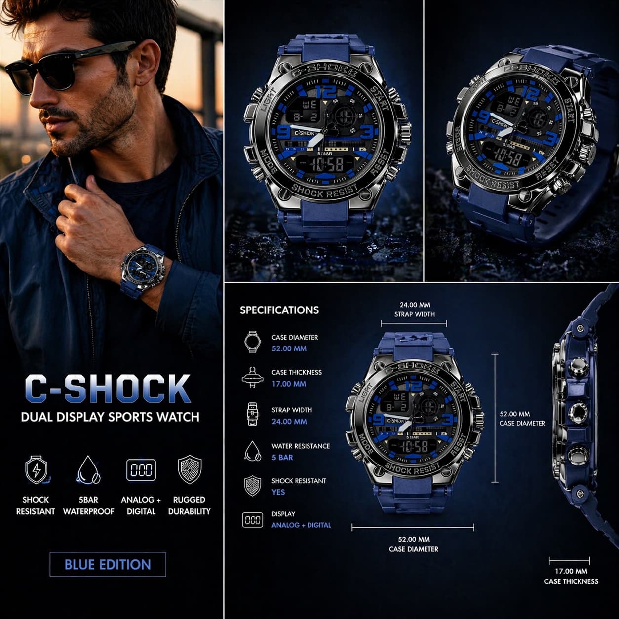 C-SHOCK Dual Display Sports Watch I Shock Resistant 5BAR Waterproof (Blue Edition) view 6