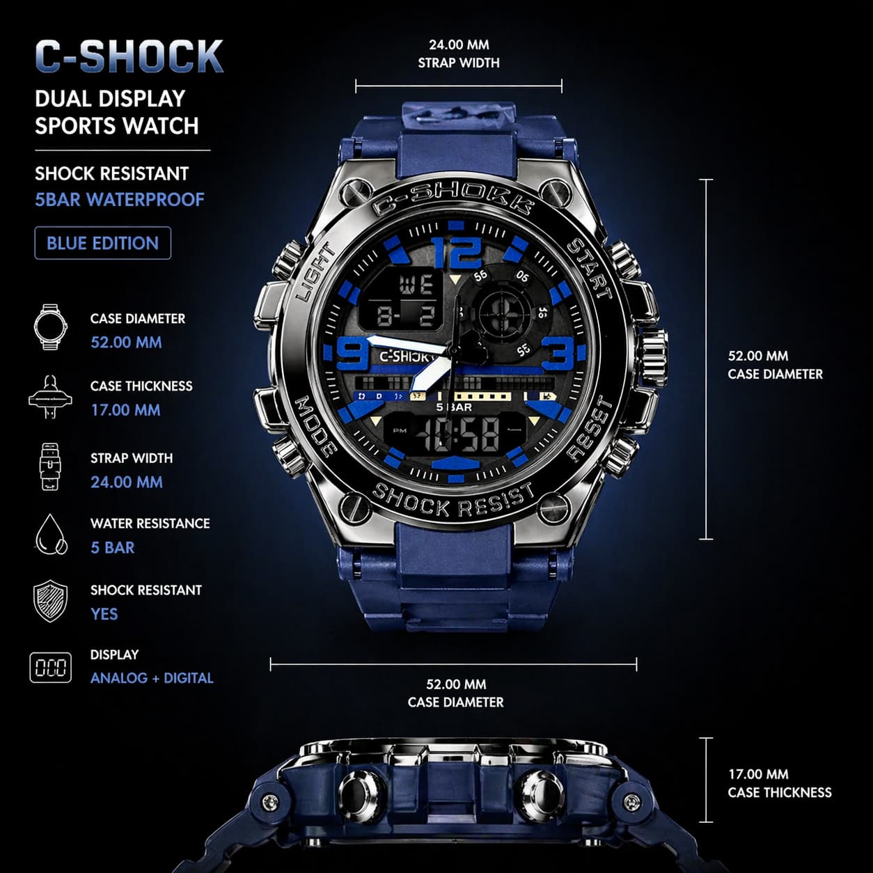 C-SHOCK Dual Display Sports Watch I Shock Resistant 5BAR Waterproof (Blue Edition) view 4