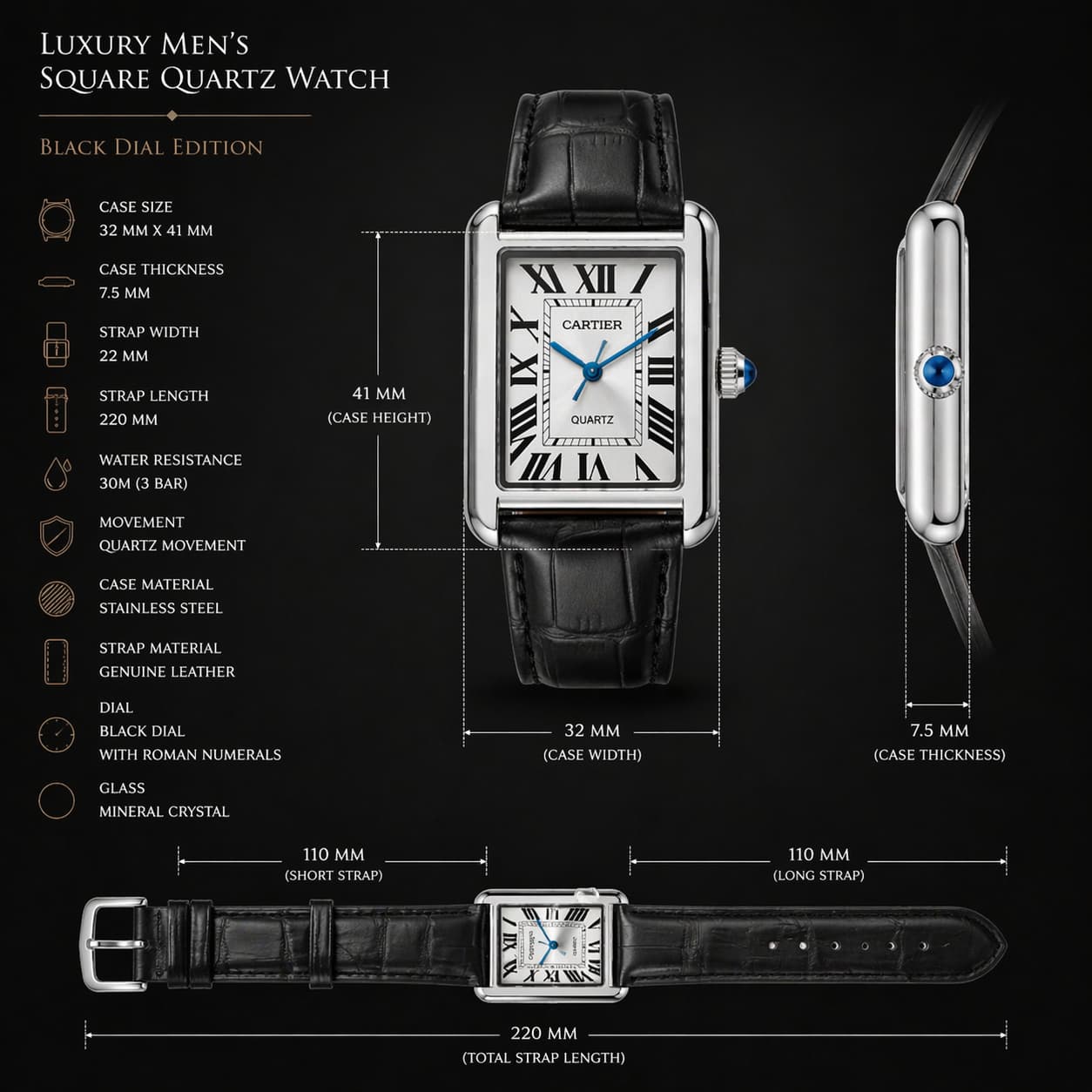 Luxury Men's Square Quartz Watch – Black Dial Edition view 3