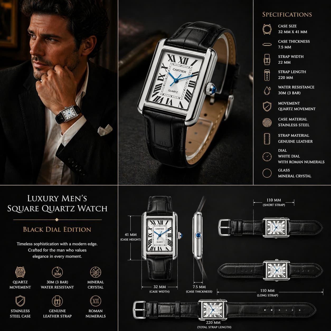 Luxury Men's Square Quartz Watch – Black Dial Edition view 5