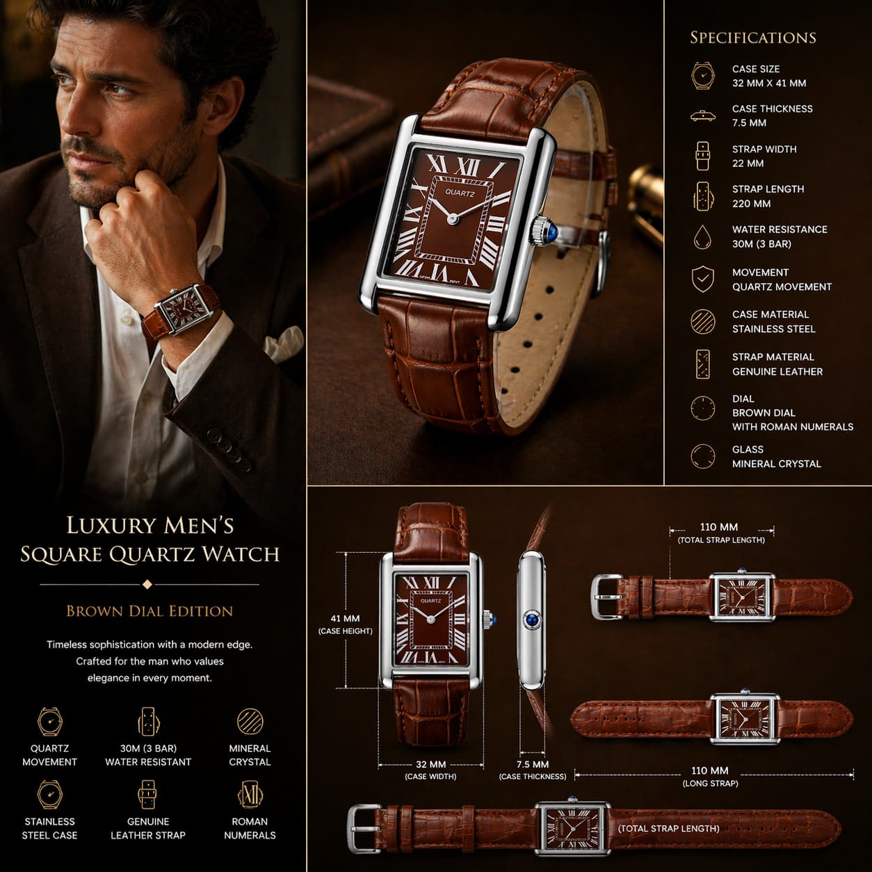 Luxury Men's Square Quartz Watch – Brown Dial Edition view 6