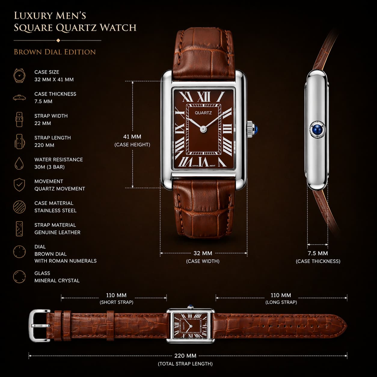 Luxury Men's Square Quartz Watch – Brown Dial Edition view 4