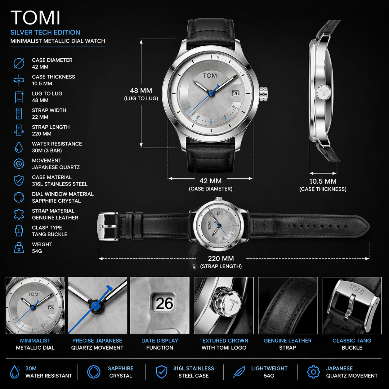 TOMI Silver Tech Edition – Minimalist Metallic Dial Watch view 4