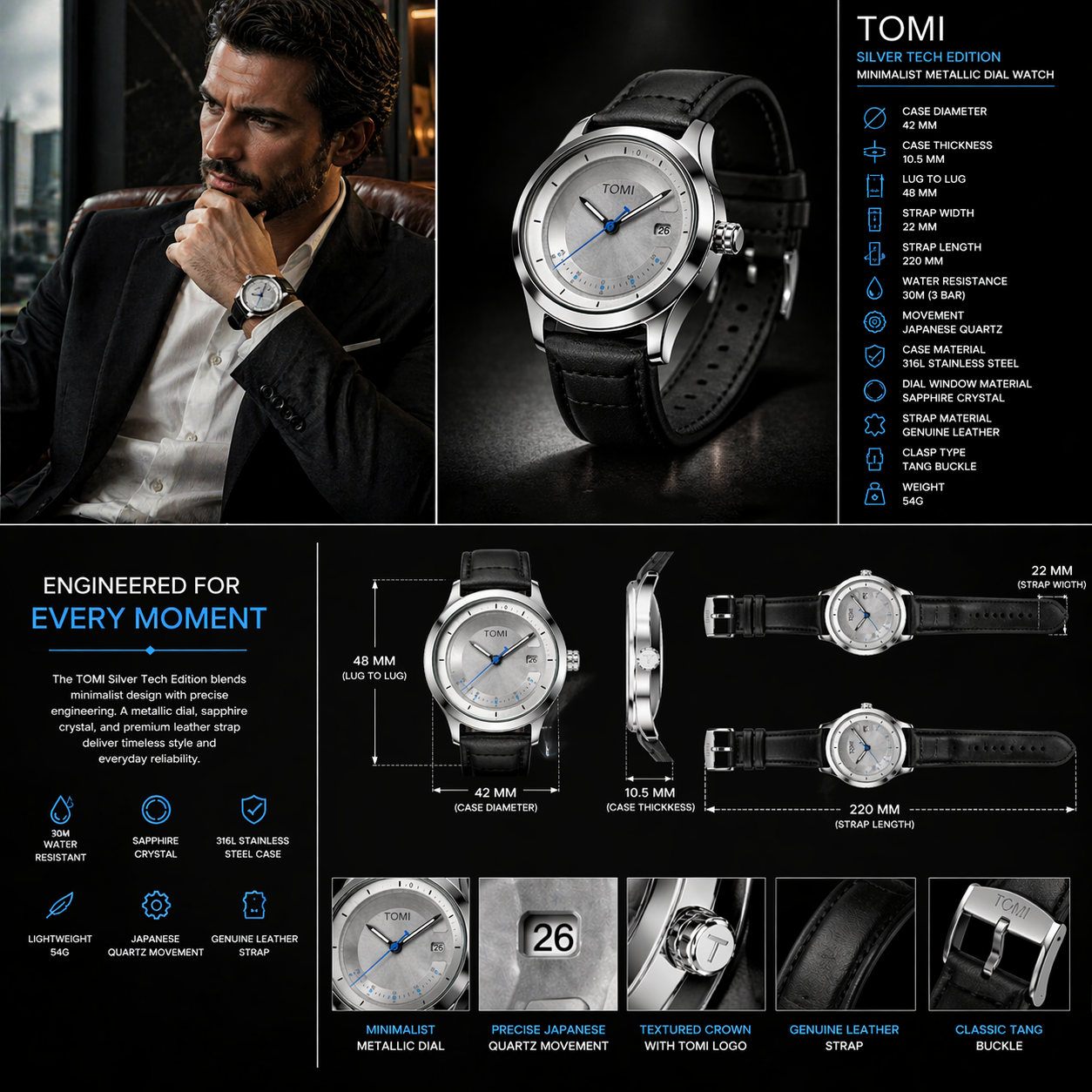 TOMI Silver Tech Edition – Minimalist Metallic Dial Watch view 6