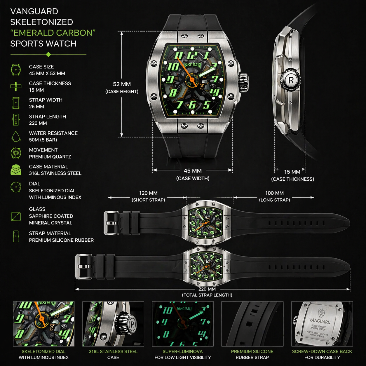 Vanguard Skeletonized "Emerald Carbon" Sports Watch  view 4