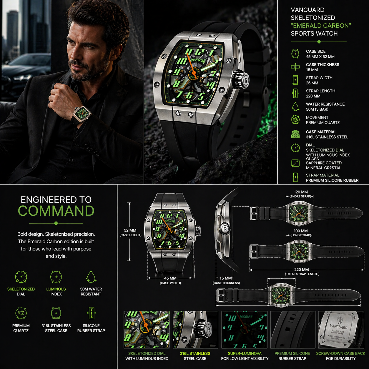 Vanguard Skeletonized "Emerald Carbon" Sports Watch  view 6